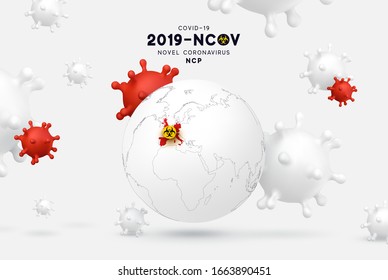 Novel Coronavirus (2019-nCoV). China pathogen respiratory coronavirus 2019-nCoV originating. Europe map infographics. Virus Covid 19-NCP. nCoV denoted is single-stranded RNA virus.