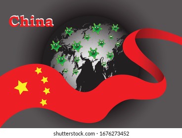 Novel Coronavirus (2019-nCoV). China pathogen respiratory coronavirus 2019-nCoV originating in Wuhan, Asia-China map infographics.The flag of China and the world has fought corona virus concept.