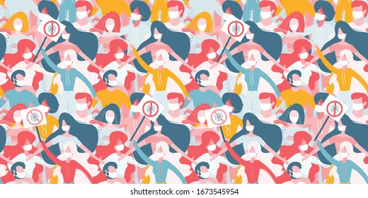 Novel coronavirus , 2019-nCoV, covid-19 seamless pattern., Different People in white medical face masks holding message boards in hands. vector flat Concept of fight of humanity with dangerous virus