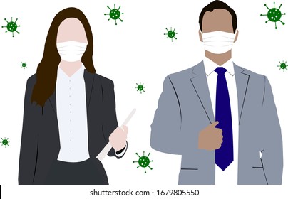 Nuevo coronavirus (2019-nCoV), covid-19, mujer y hombre con mascarilla blanca. Hombre de negocios y mujer con máscara de protección. Detengan el coronavirus. Ilustración vectorial.