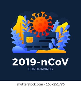 Novel coronavirus 2019-nCoV with credit card vector stock illustration isolated on a dark background. The concept concept of paying medicine, pills. Front side of the card with a novel coronavirus