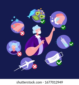 Novel Coronavirus 2019-nCoV, Elderly Pensioner Old Woman in White Medical Face Mask. Prevention Measures Protection Quarantine.Antiseptic,Disinfecting,Vitamins,Medicines,Drugs.Flat Vector illustration