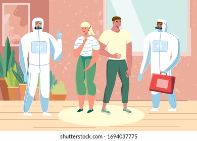 Novel coronavirus 2019-nCoV. Epidemic disease concept. Doctors in protective suit warns woman and man. Vector illustration