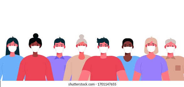 Novel coronavirus 2019-nCoV. Group of people, adults, old people wearing white medical face masks. Concept of coronavirus quarantine . Stop coronavirus. Vector illustration in a flat cartoon style