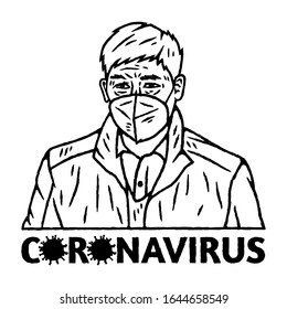 Novel Coronavirus (2019-nCoV). Man  with Medical Face Mask. Coronavirus Outbreak. Human in respirator on red background isolated. Stock Vector Illustration. Hand drawn.