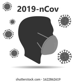 Novel coronavirus (2019-nCoV), MERS-Cov, COVID-19,  flat silhouette of person head with hygienic medical mask and symbols of the virus around it