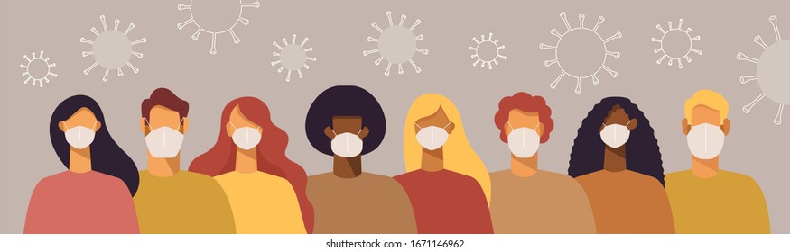 Novel coronavirus (2019-nCoV). People in white medical face masks. Concept of coronavirus quarantine. Coronavirus bacteria cell icon. Vector illustration in flat design