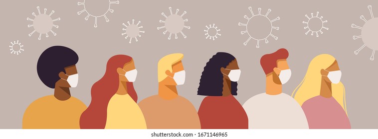 Novel coronavirus (2019-nCoV). People in white medical face masks. Concept of coronavirus quarantine. Coronavirus bacteria cell icon. Vector illustration in flat design