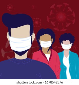 Novel coronavirus 2019-nCoV . People in white medical face masks. Concept of coronavirus quarantine. Coronavirus bacteria cell icon. Vector illustration in flat design