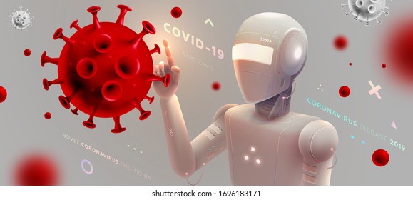 Novel coronavirus (2019-nCoV) robotic artificial intelligence research. Covid-19 virus vaccine search. 3D coronavirus cell vector illustration for medical and science concept. Eps10