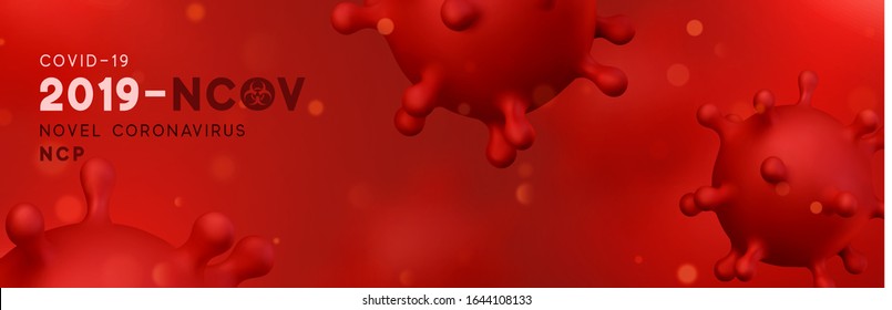 Novel Coronavirus (2019-nCoV). Virus Covid 19-NCP. Coronavirus NCoV Denoted Is Single-stranded RNA Virus. Background With Realistic 3d Red Virus Cells. Horizontal Banner, Poster, Header For Website.