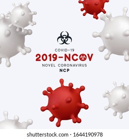 Novel Coronavirus (2019-nCoV). Virus Covid 19-NCP. Coronavirus nCoV denoted is single-stranded RNA virus. Background with realistic 3d red and white viral cells. danger symbol vector illustration. - Shutterstock ID 1644190978