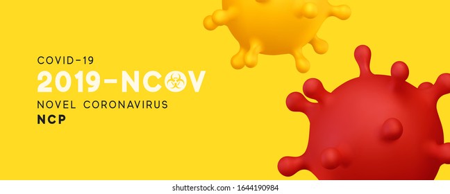 Novel Coronavirus (2019-nCoV). Virus Covid 19-NCP. Coronavirus nCoV denoted is single-stranded RNA virus. Background with realistic 3d yellow virus cells. Horizontal banner, poster, header for website