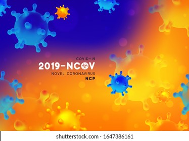 Novel Coronavirus (2019-nCoV). Virus Covid 19-NCP. Coronavirus nCoV denoted is single-stranded RNA virus. Background with realistic 3d blue and orange virus cells. danger symbol vector illustration.