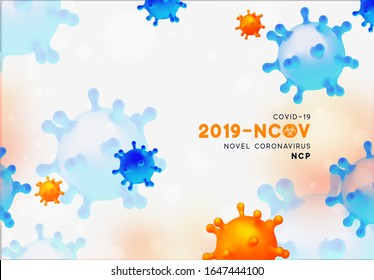 Novel Coronavirus (2019-nCoV). Virus Covid 19-NCP. Coronavirus nCoV denoted is single-stranded RNA virus. Background with realistic 3d blue and orange viral cells. danger symbol vector illustration.