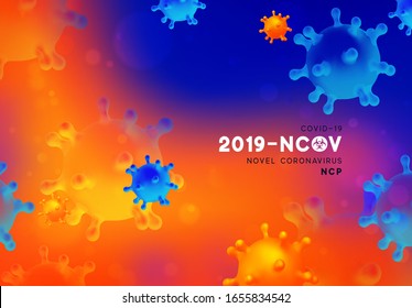 Novel Coronavirus (2019-nCoV). Virus Covid 19-NCP. Coronavirus nCoV denoted is single-stranded RNA virus. Background with realistic 3d blue and orange virus cells. danger symbol vector illustration.