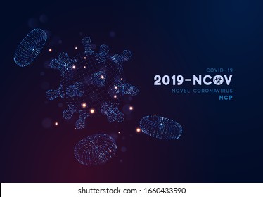 Novel Coronavirus (2019-nCoV). Virus Covid 19-NCP. Coronavirus nCoV denoted is single-stranded RNA virus. Background blue virus cells, blood platelets. Digital 3d vector illustration
