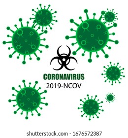 Novel Coronavirus (2019-nCoV). Virus Covid 19-NCP. Coronavirus nCoV denoted is single-stranded RNA virus. Background with realistic 3d green virus cells. danger symbol vector illustration.