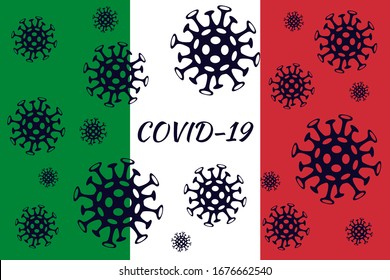 Novel Coronavirus (2019-nCoV). Virus Covid 19-NCP. Coronavirus nCoV denoted is single-stranded RNA virus. Background with virus cells. Italian flag. Quarantine, pandemic. Covid-19.