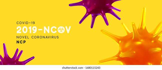 Novel Coronavirus (2019-nCoV). Virus Covid 19-NCP. Coronavirus nCoV denoted is single-stranded RNA virus. Background with realistic 3d yellow purple viruses cells. Banner poster. vector illustration