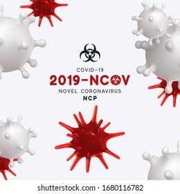 Novel Coronavirus (2019-nCoV). Virus Covid 19-NCP. Coronavirus nCoV denoted is single-stranded RNA virus. Background with realistic 3d red and white virus cells. danger symbol vector illustration.