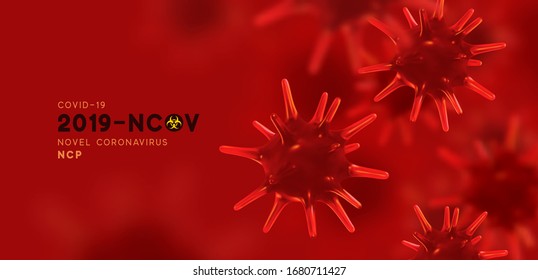 Novel Coronavirus (2019-nCoV). Virus Covid 19-NCP. Coronavirus nCoV denoted is single-stranded RNA virus. Background with realistic 3d red viruses cells. Viral bacteria. vector illustration.