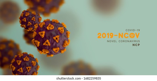 Novel Coronavirus (2019-nCoV). Virus Covid 19-NCP. Coronavirus nCoV denoted is single-stranded RNA virus. Background with realistic 3d violet and orange viruses cells. SARS-CoV2. vector illustration.