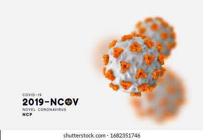 Novel Coronavirus (2019-nCoV). Virus Covid 19-NCP. Coronavirus nCoV denoted is single-stranded RNA virus. Background with realistic 3d white and orange viruses cells. SARS-CoV2. vector illustration.