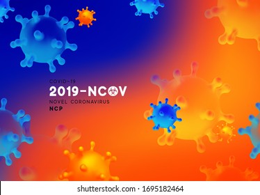 Novel Coronavirus (2019-nCoV). Virus Covid 19-NCP. Coronavirus nCoV denoted is single-stranded RNA virus. Background with realistic 3d blue and orange virus cells. danger symbol vector illustration.