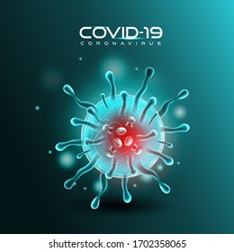 Novel Coronavirus (2019-nCoV). Virus Covid 19-NCP. Coronavirus nCoV denoted is single-stranded RNA virus. Background with realistic 3d blue light virus cells.