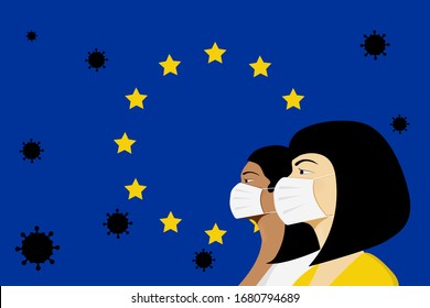 Novel coronavirus (2019-nCoV), woman in white medical face mask on the background of european flag. Concept of coronavirus quarantine.
