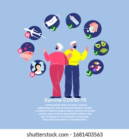 Novel Coronavirus 2019-nCoV,Elderly Pensioners Old Woman and Man in Medical Face Mask.Prevention Measures Protection Quarantine.Antiseptic,Disinfecting,Vitamin,Medicines,Drugs.Flat Vector illustration