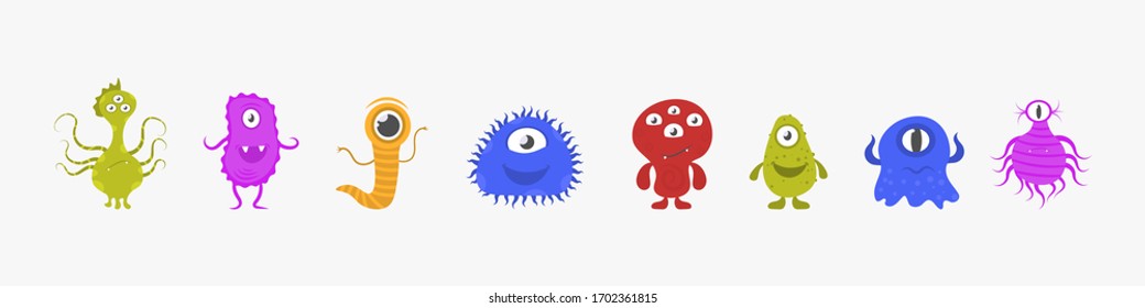 Novel Coronavirus Bacteria 2019-nCoV. Cartoon bacteria, germ, viruses and microbe. Set of funny cartoon monsters with different emotions. Funny characters collection. Vector illustration, EPS 10.