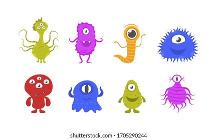 Novel Coronavirus Bacteria 2019-nCoV. Cartoon bacteria, germ, viruses and microbe. Set of funny cartoon monsters with different emotions. Funny characters collection. Vector illustration, EPS 10.