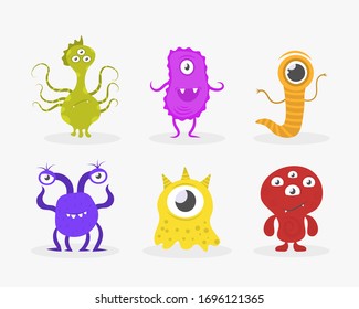 Novel Coronavirus Bacteria 2019-nCoV. Set of funny cartoon monsters with different emotions. Cartoon bacteria, germ, viruses and microbe. Funny characters collection. Vector illustration, EPS 10.
