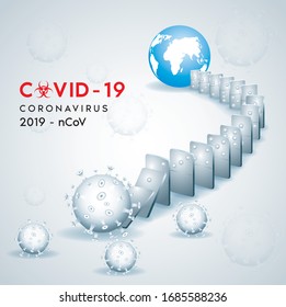 Novel Coronavirus Covid - 19 (2019-nCoV) Die rasche Ausbreitung des Virus in verschiedene Länder. Im Domino-Stil. Hintergrund mit realistischem 3D-weißem Virus. Vektorillustration des Gefahrensymbols.