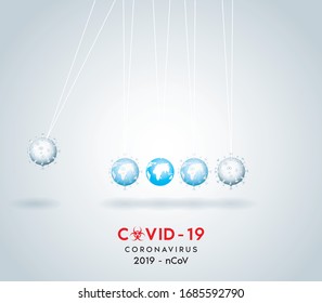 Novel Coronavirus Covid - 19 (2019-nCoV) The rapid spread of the virus to various countries. In a pendulum style. Background with realistic 3d white viral. danger symbol vector illustration.
