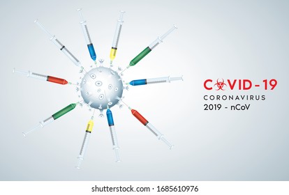 Novel Coronavirus Covid - 19 (2019-nCoV) The rapid spread of the virus to various countries. Finding a vaccine method against the virus. Background with realistic 3d white viral and 
Syringe. Vector