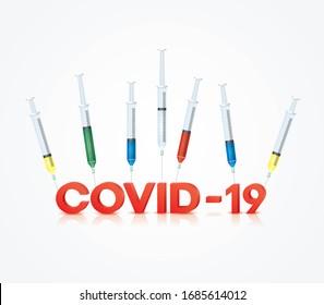 Novel Coronavirus Covid - 19 (2019-nCoV) The rapid spread of the virus to various countries. Finding a vaccine method against the virus. Background with realistic 3d white viral and 
Syringe. Vector
