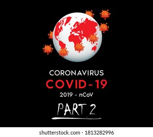 Novel Coronavirus Covid 19 (2019-nCoV) Part 2. That is about to spread again. Background with realistic 3d red world and viral cells. danger symbol vector EPS 10  illustration.