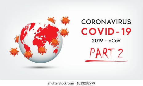 Novel Coronavirus Covid 19 (2019-nCoV) Part 2. That is about to spread again. Background with realistic 3d red world and viral cells. danger symbol vector EPS 10  illustration.