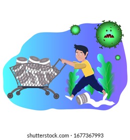 Novel coronavirus covid19 concept. A man runs away in a panic from a supermarket. People are panic buying toilet paper. Vector flat illustration.