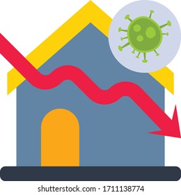 novel coronavirus, covid-19 is hitting the Real Estate Market Concept vector Icon Design, House with Red Moving Down Arrow and Corona Virus Symbol on white background