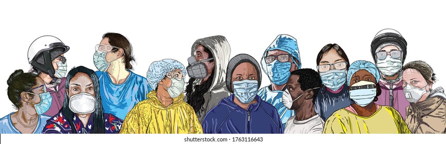 Novel coronavirus COVID-19 new normal social concept. Composition of people in protective and medical face masks. Prevention and quarantine from infections, flu contaminated air pollution. Vector. 