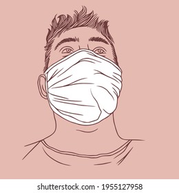 Novel coronavirus COVID-19. A person in protective and medical face mask. Prevention and quarantine from infections, flu contaminated air pollution. New normal social concept. Vector illustration