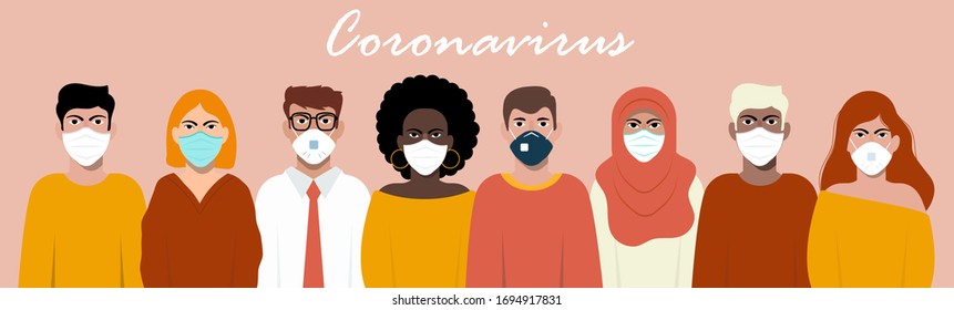 Novel Coronavirus Covid-19, women and men with medical face mask. Concept of coronavirus quarantine. Vector Illustration