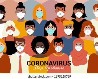 Novel Coronavirus Covid-19, women and men with medical face mask. Concept of coronavirus quarantine. Vector Illustration