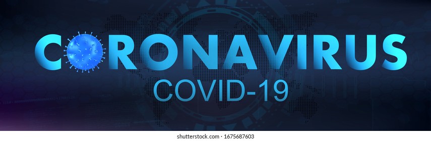 Novel Coronavirus, Covid-19 from Wuhan virus disease. Logo, symbol and Background. Blue inscription coronavirus with 3D bacteria and futuristic background and World Map. Vector illustration Web Page