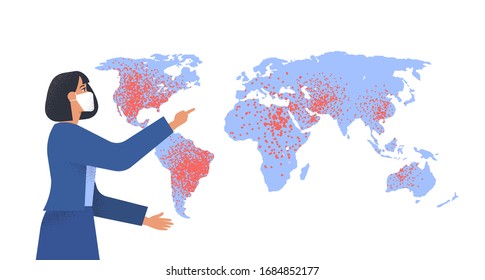 Novel coronavirus news report illustration with woman tv reporter in face mask showing world map pandemic spread. Covid19 virus disease information concept on isolated white background.