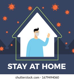 Novel Coronavirus outbreak, self quarantine or lockdown concept. male with mask stay at home while virus surrounding him. vector illustration. covid-19 pandemic.